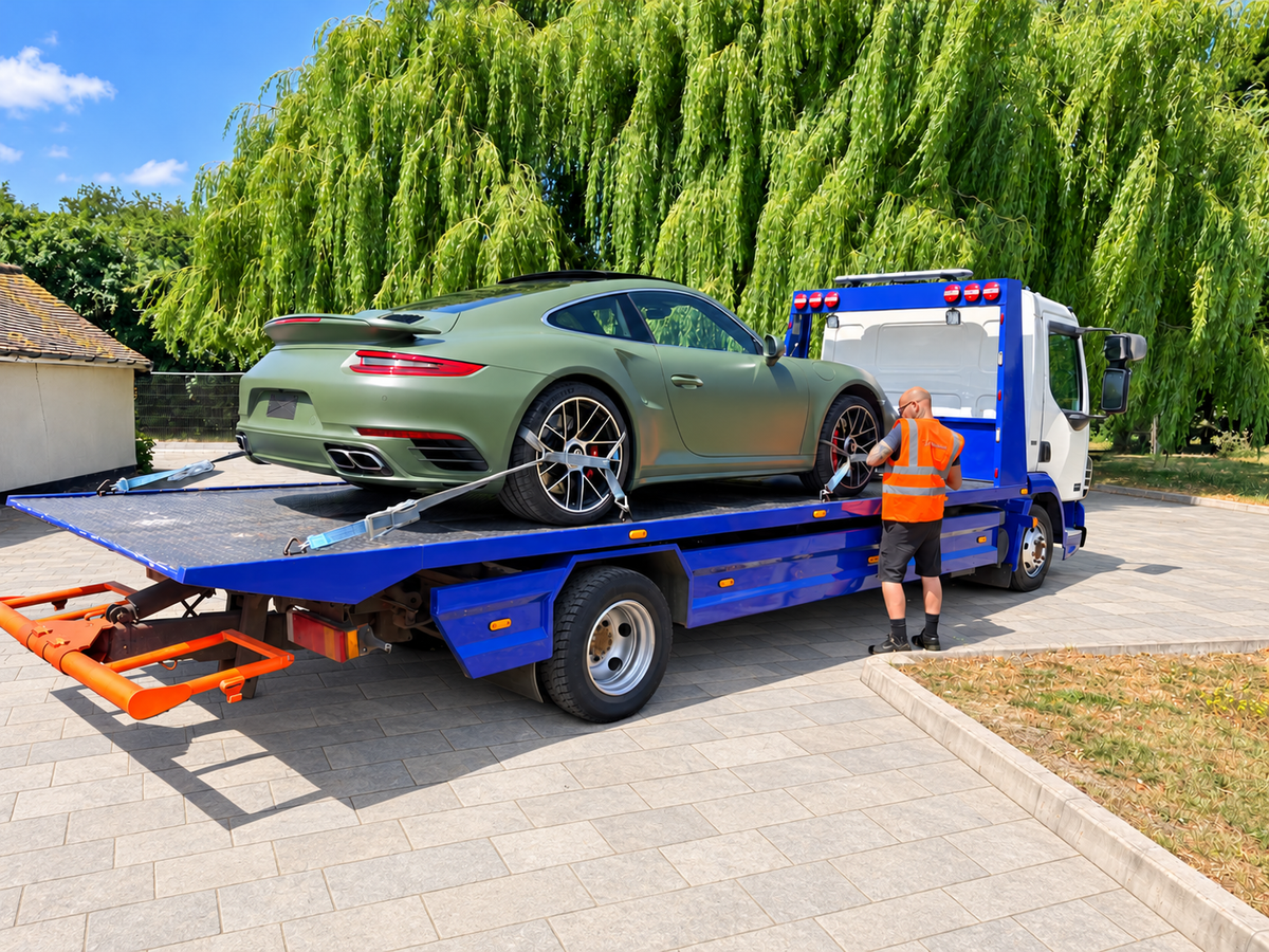A Bill P recovery truck transporting a blue Hyundai